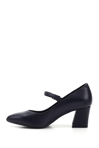 Womens Navy Blue Antique Pointed Toe Medium Thick Heel Genuine Leather Shoes