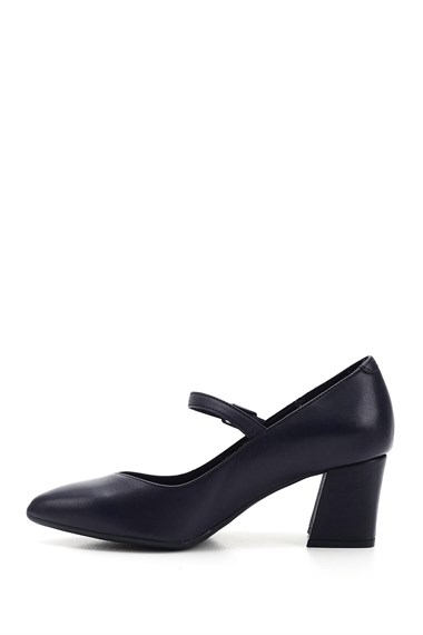 Womens Navy Blue Antique Pointed Toe Medium Thick Heel Genuine Leather Shoes