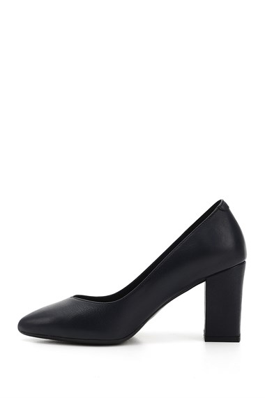 Womens Navy Blue Antique Pointed Toe High Thick Heel Genuine Leather Shoes