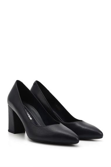 Womens Navy Blue Antique Pointed Toe High Thick Heel Genuine Leather Shoes