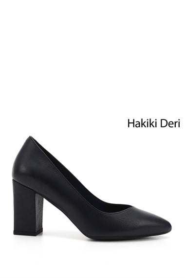 Kadın Lacivert Antik Sivri Burun Yüksek Kalın Topuklu Hakiki Deri Ayakkabı