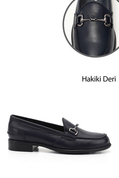 Womens Navy Blue Antique Buckle Genuine Leather Loafer Shoes