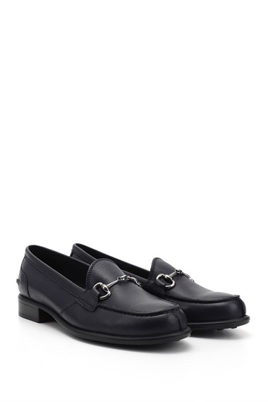 Womens Navy Blue Antique Buckle Genuine Leather Loafer Shoes