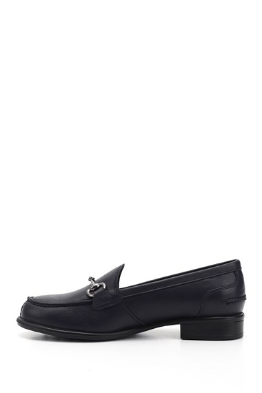 Womens Navy Blue Antique Buckle Genuine Leather Loafer Shoes