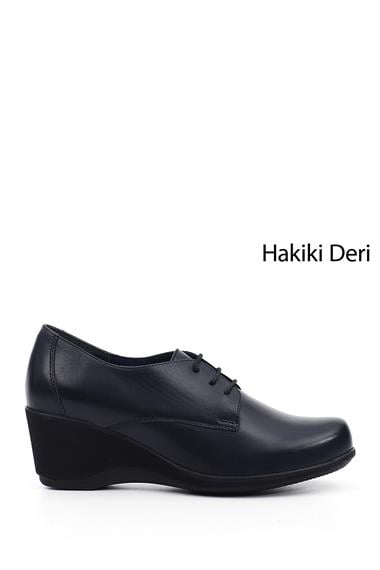 Kadın Lacivert Bağcıklı Dolgu Taban Hakiki Deri Ayakkabı