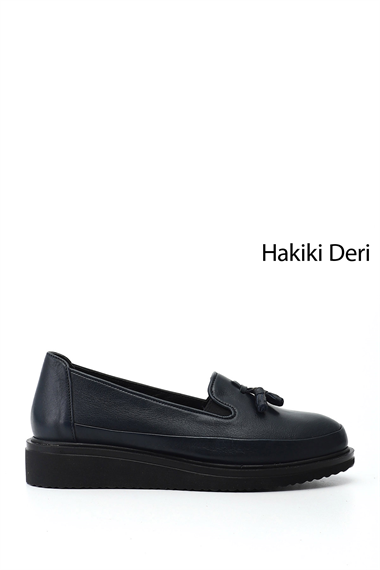 Kadın Lacivert Dolgu Taban Püsküllü Hakiki Deri Ayakkabı