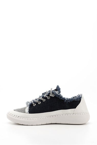 Kadın Lacivert Kot Triko Taşlı Comfort Dolgu Taban Sneaker