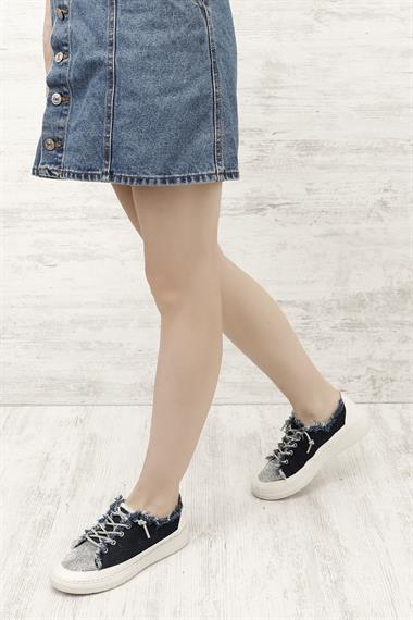 Kadın Lacivert Kot Triko Taşlı Comfort Dolgu Taban Sneaker