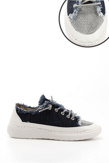 Kadın Lacivert Kot Triko Taşlı Comfort Dolgu Taban Sneaker