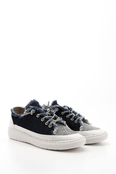 Kadın Lacivert Kot Triko Taşlı Comfort Dolgu Taban Sneaker