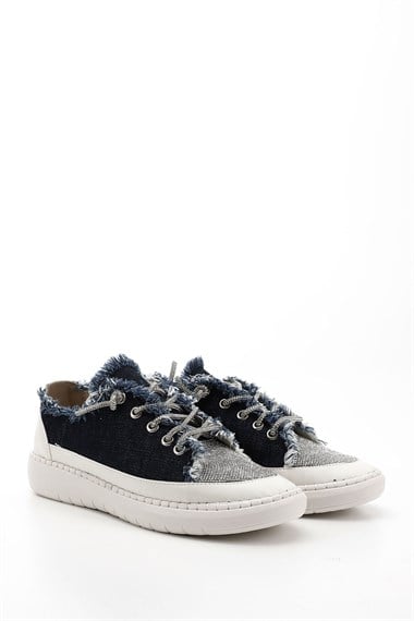 Kadın Lacivert Kot Triko Taşlı Comfort Dolgu Taban Sneaker