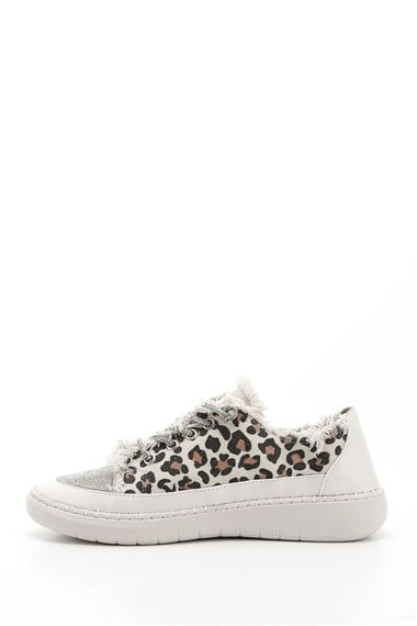 Kadın Leopar Kot Triko Taşlı Comfort Dolgu Taban Sneaker
