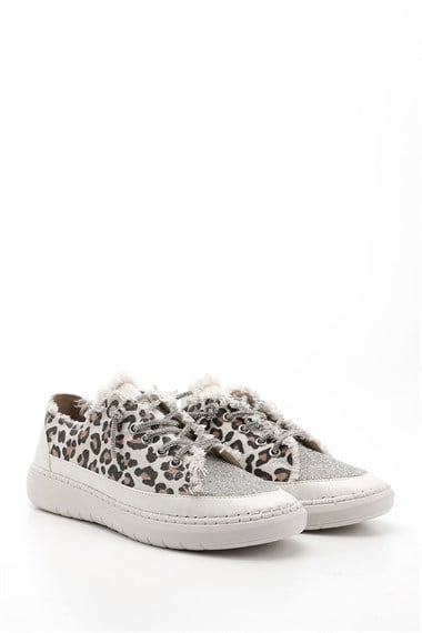 Kadın Leopar Kot Triko Taşlı Comfort Dolgu Taban Sneaker
