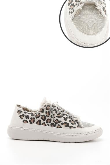 Kadın Leopar Kot Triko Taşlı Comfort Dolgu Taban Sneaker
