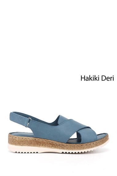Kadın Mavi Antik Cırt Bantlı Dolgu Topuk Hakiki Deri Sandalet