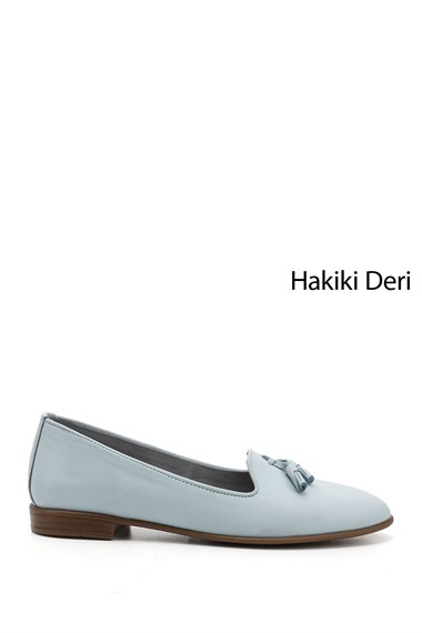Womens Blue Antique Genuine Leather Tasseled Ballerinas