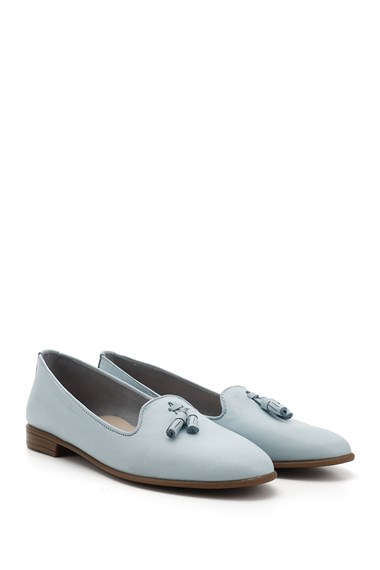 Womens Blue Antique Genuine Leather Tasseled Ballerinas