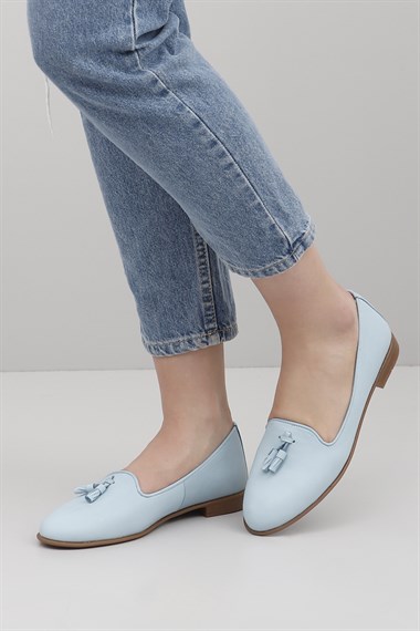 Womens Blue Antique Genuine Leather Tasseled Ballerinas