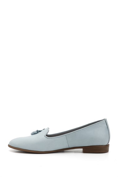 Womens Blue Antique Genuine Leather Tasseled Ballerinas