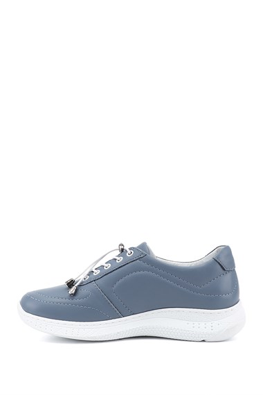 Kadın Mavi Bağcıklı Dolgu Taban Hakiki Deri Sneaker