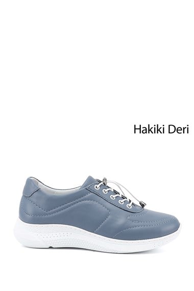 Kadın Mavi Bağcıklı Dolgu Taban Hakiki Deri Sneaker