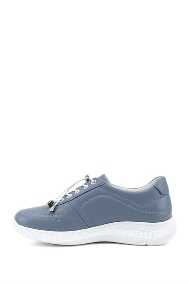 Kadın Mavi Bağcıklı Dolgu Taban Hakiki Deri Sneaker