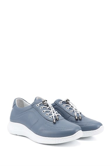 Kadın Mavi Bağcıklı Dolgu Taban Hakiki Deri Sneaker