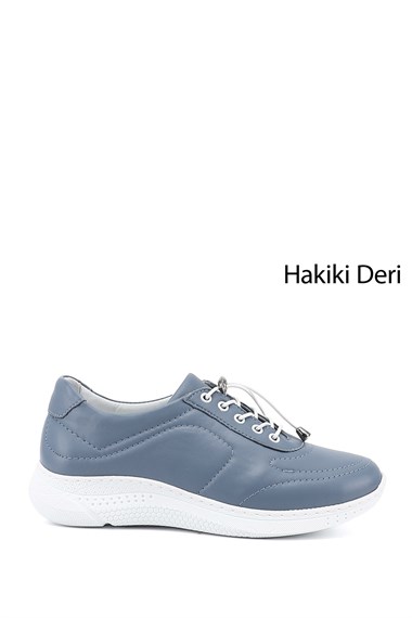 Kadın Mavi Bağcıklı Dolgu Taban Hakiki Deri Sneaker