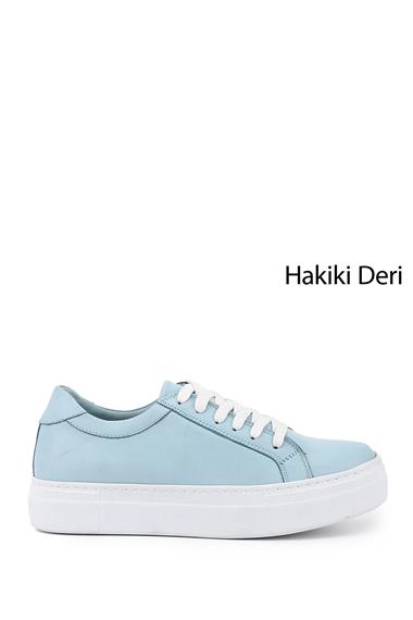 Kadın Mavi Bağcıklı Dolgu Taban Hakiki Deri Sneaker