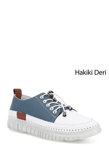 Kadın Mavi Bağcıklı Hakiki Deri Sneaker