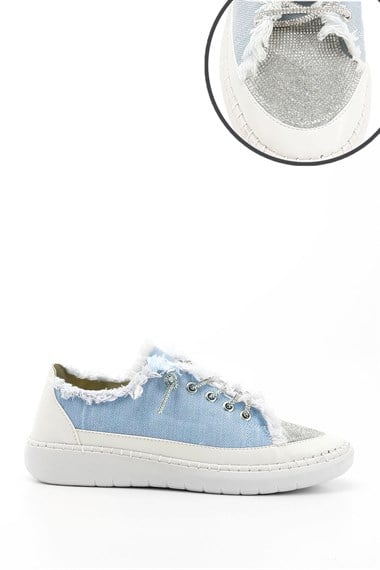 Kadın Mavi Kot Triko Taşlı Comfort Dolgu Taban Sneaker