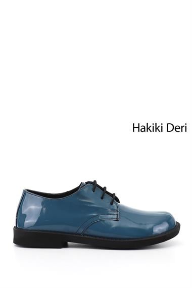 Kadın Mavi Rugan Bağcıklı Hakiki Deri Oxford Ayakkabı