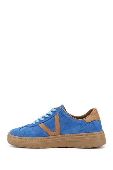 Womens Blue Suede Lace-Up Genuine Leather Sneaker