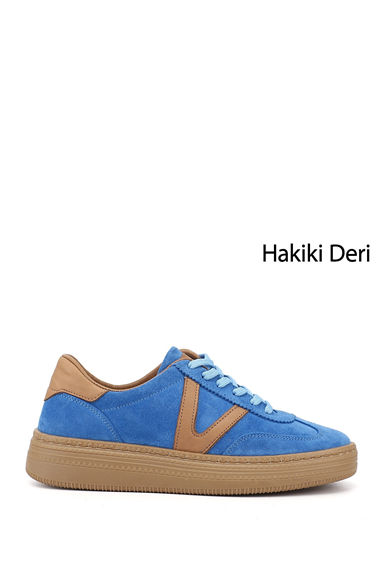 Womens Blue Suede Lace-Up Genuine Leather Sneaker