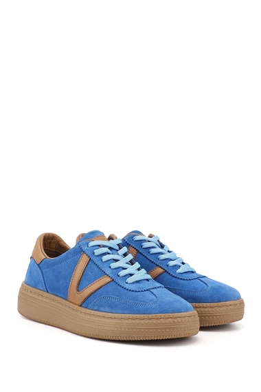 Womens Blue Suede Lace-Up Genuine Leather Sneaker