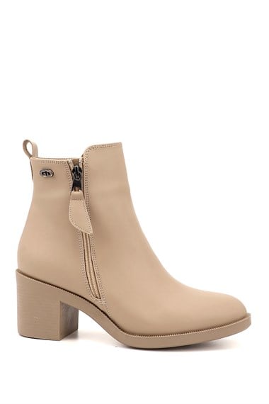 Womens Nude Double Zipper Thick Heel Boots