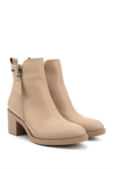 Womens Nude Double Zipper Thick Heel Boots