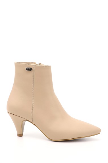Womens Nude Zippered Pointed Toe Thin Heel Boots