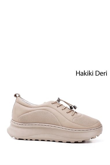 Kadın Nude Lastik Bağcıklı Comfort Dolgu Taban Hakiki Deri Sneaker