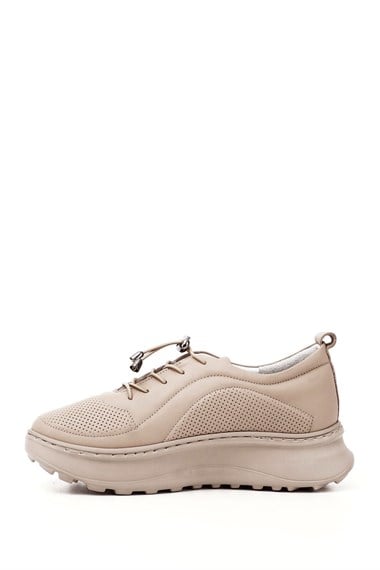 Womens Nude Elastic Laced Comfort Platform Genuine Leather Sneaker