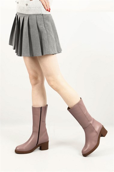 Womens Powder Zipper Thick Heel Genuine Leather Boots