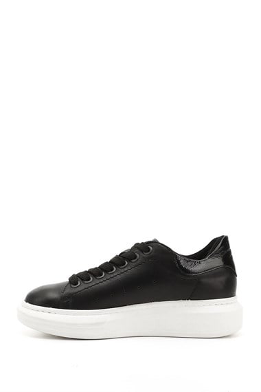 Kadın Siyah Bağcıklı Dolgu Taban Hakiki Deri Sneaker