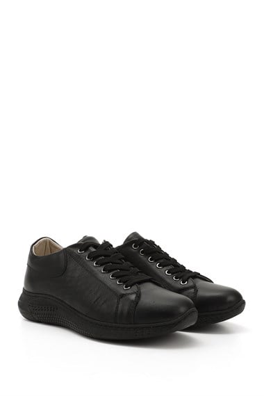 Womens Black Lace-Up Platform Genuine Leather Sneaker