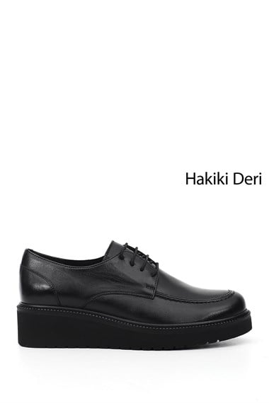 Kadın Siyah Bağcıklı Dolgu Taban Hakiki Deri Ayakkabı