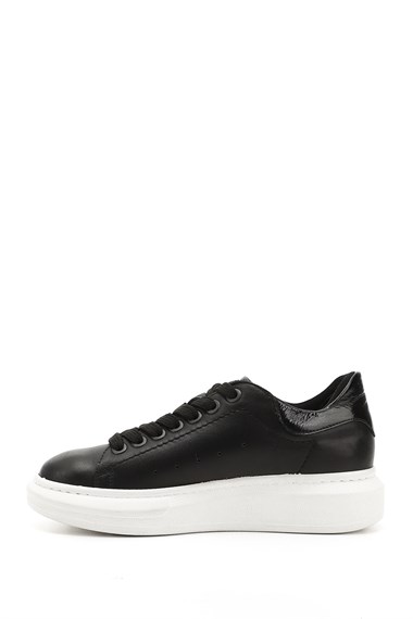 Kadın Siyah Bağcıklı Dolgu Taban Hakiki Deri Sneaker