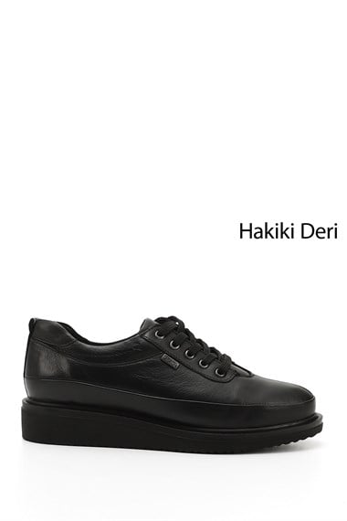 Kadın Siyah Bağcıklı Dolgu Taban  Hakiki Deri Ayakkabı