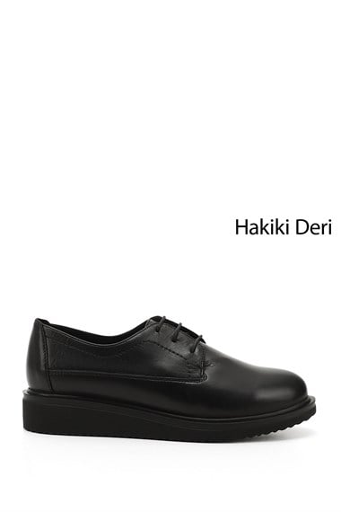 Kadın Siyah Bağcıklı Dolgu Taban Hakiki Deri Ayakkabı