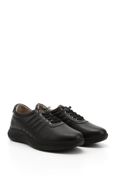 Kadın Siyah Bağcıklı Dolgu Taban Hakiki Deri Sneaker