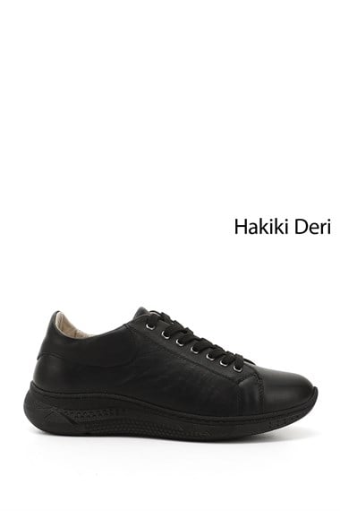 Kadın Siyah Bağcıklı Dolgu Taban Hakiki Deri  Sneaker