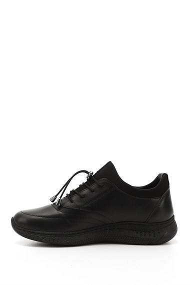 Kadın Siyah Bağcıklı Dolgu Taban Hakiki Deri Sneaker